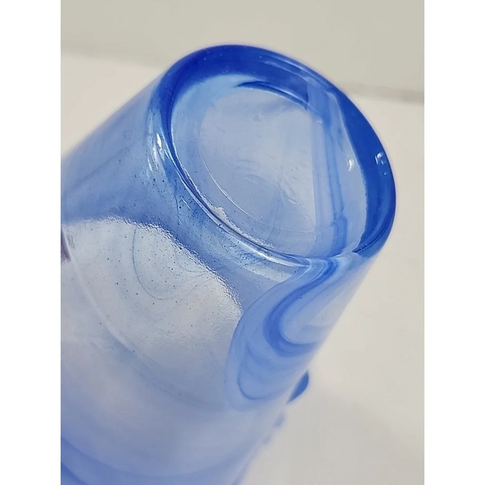 Vintage Lavorazione Murano Style Art Glass Blue Clear Swirl Ruffled Edge Vase